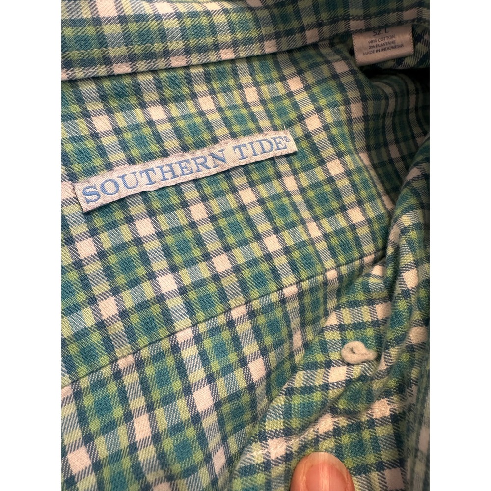 Southern Tide Mens Large Green Blue Plaid Long Sleeve Button Down Cotton Shirt L - Picture 3 of 9